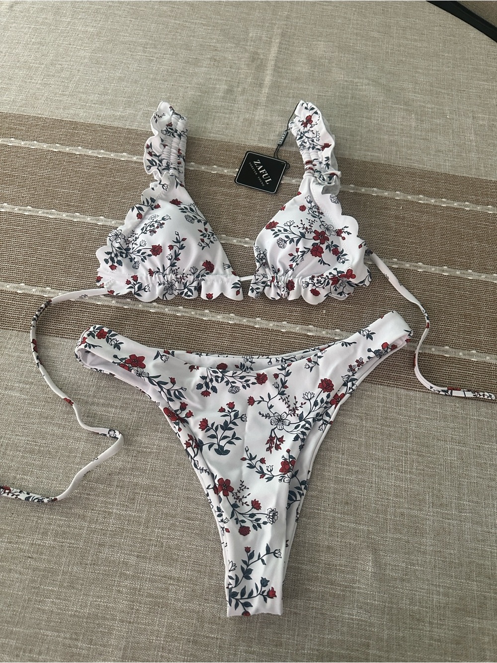 Zaful White Floral Ruffle Triangle Bikini with Red & Green Accents